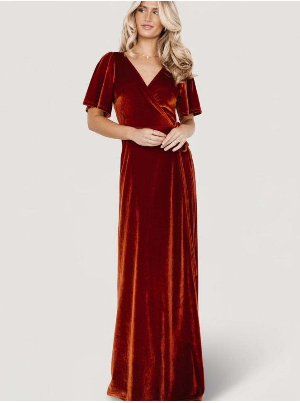 Baltic Born Dress Womens Small Orange Rust Meghan Velvet Maxi Wrap Flutter New